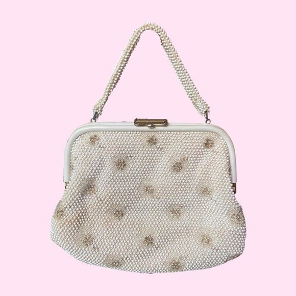 Cream Candy Drop Beaded Bag with Gold Floral Embroidery - Picture 1 of 4
